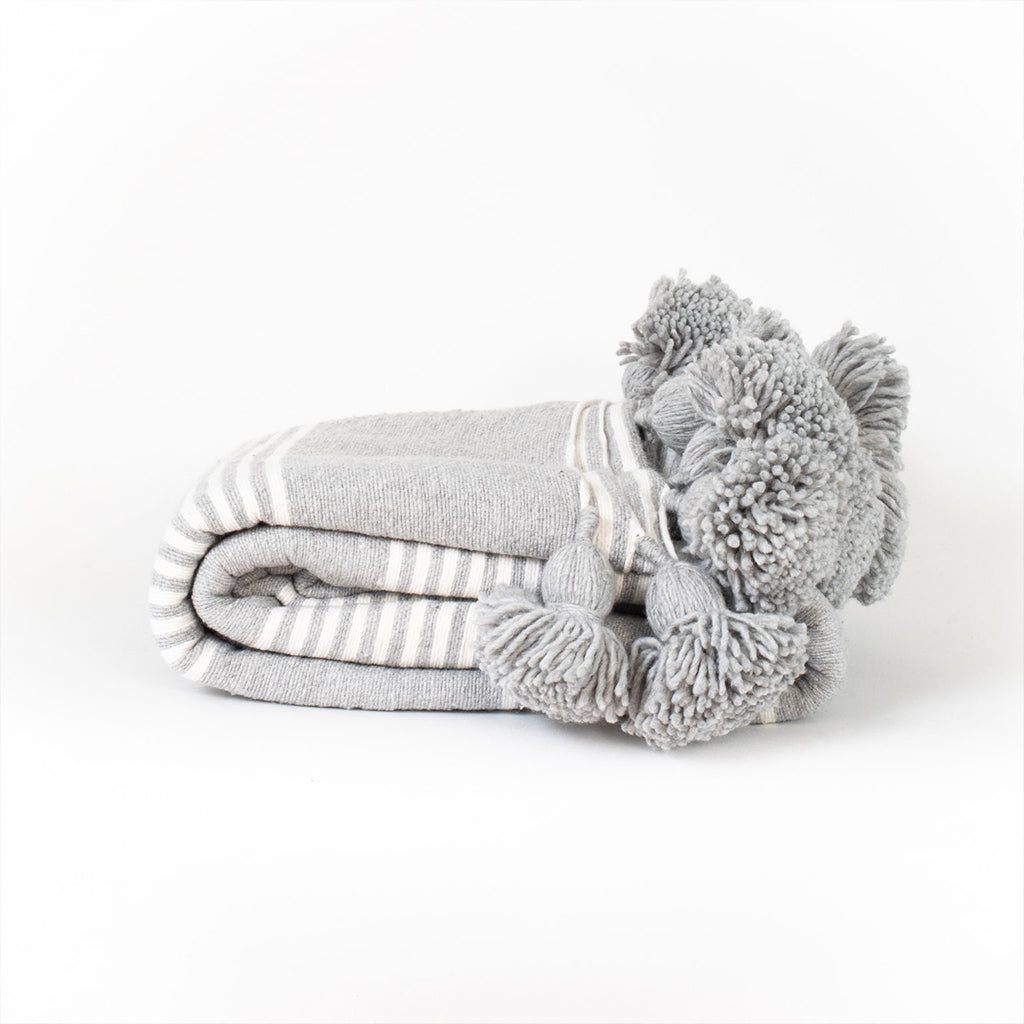 Afraou Moroccan Cotton Blanket with Pom Poms